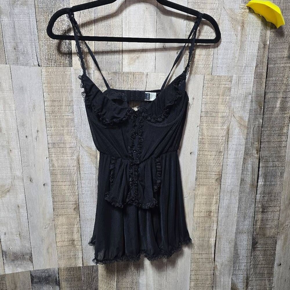 Rampage Intimates Vintage Y2K Black Mesh Lingerie Ruffle Top 34C Goth Sexy
